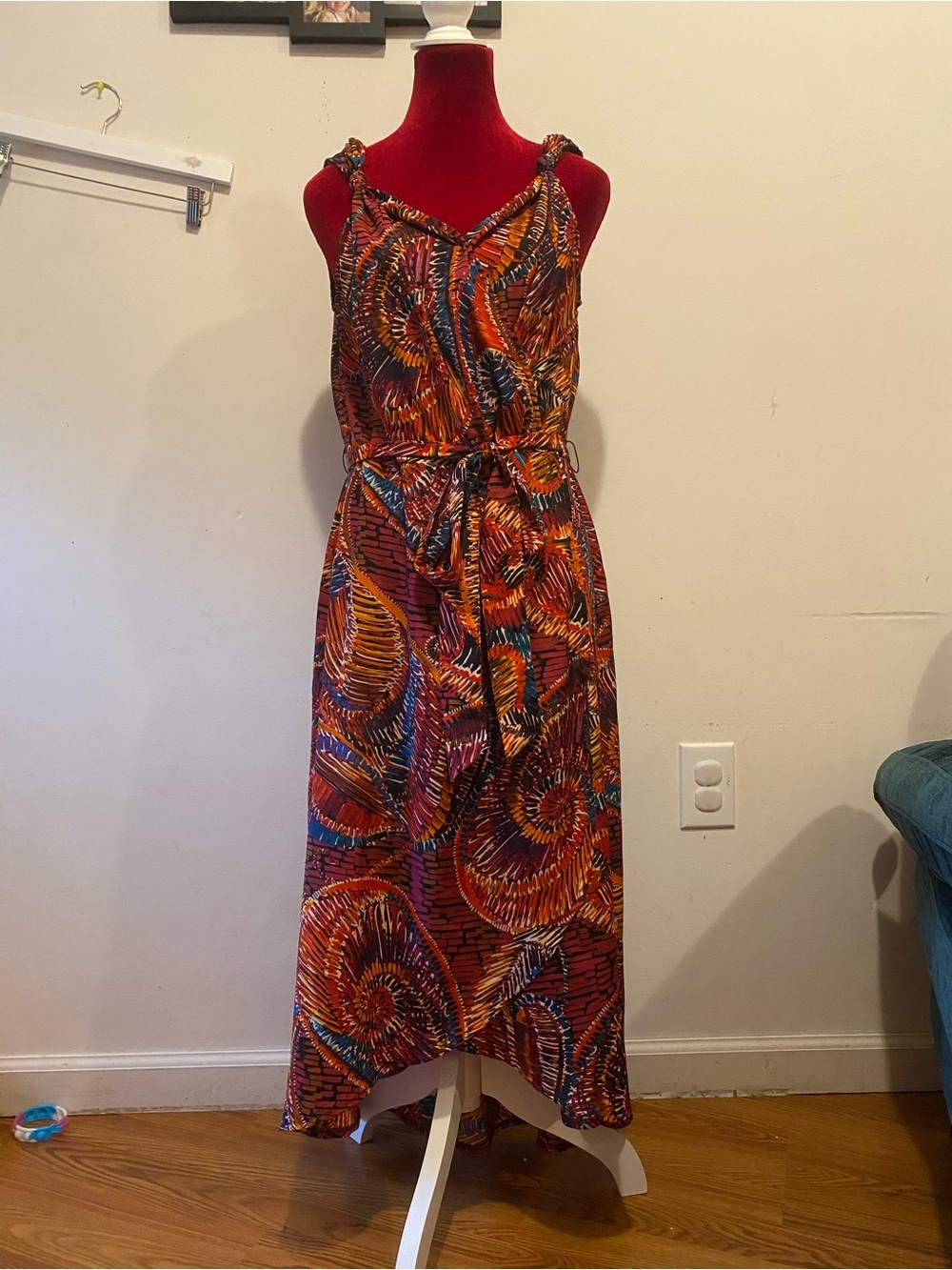 London Times Multicolor Spiral-Print Maxi Dress with Tie Waist